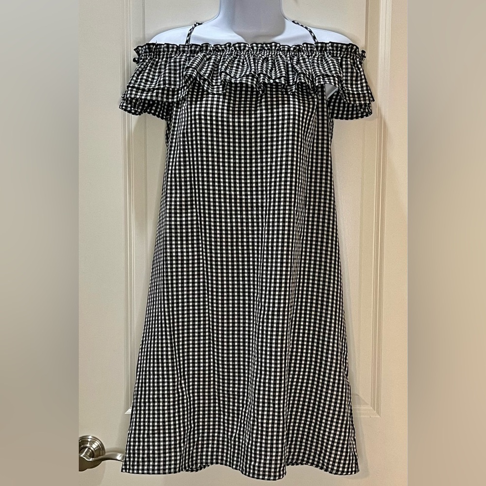 H&M Black and White Check Gingham Mini Dress Ruffled Off The Shoulder Size 10